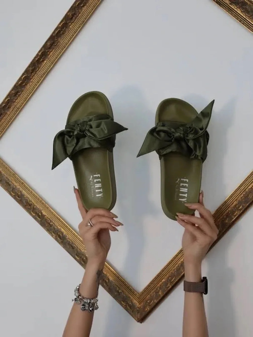 Fenty Puma Olive Green Bow Slide Sandals- NWT UK size 5 US size 7.5 Women’s